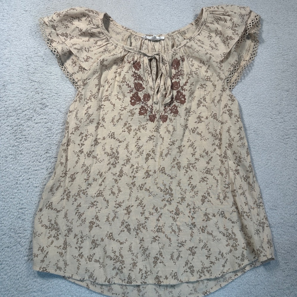 MINE Floral Embroidered Blouse Womens Size S Tan Flutter Sleeve Boho Cottagecore